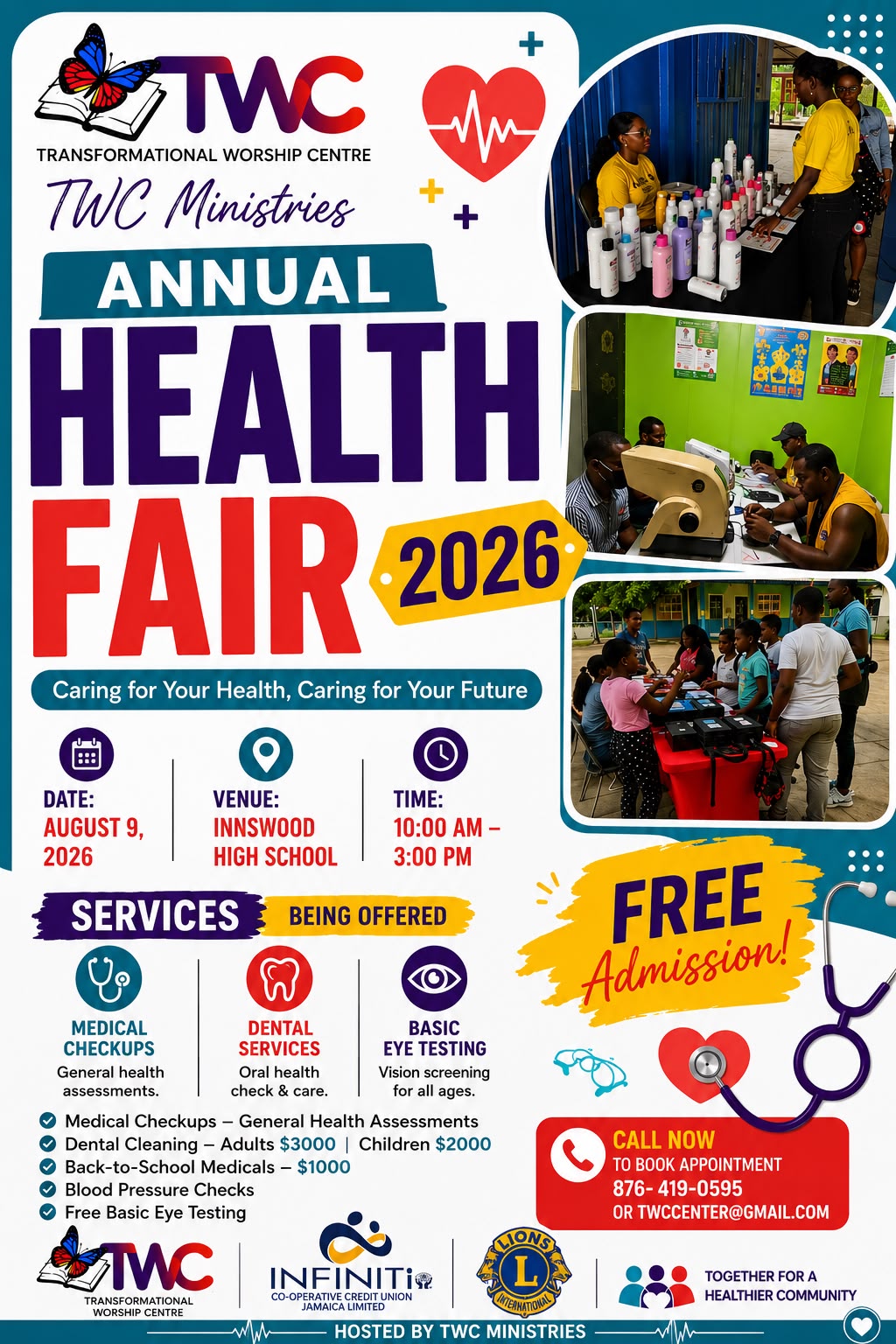TWC Ministries Annual Health Fair 2026 flier for August 9 2026 at Innswood High School, 10AM to 3PM, free admission
